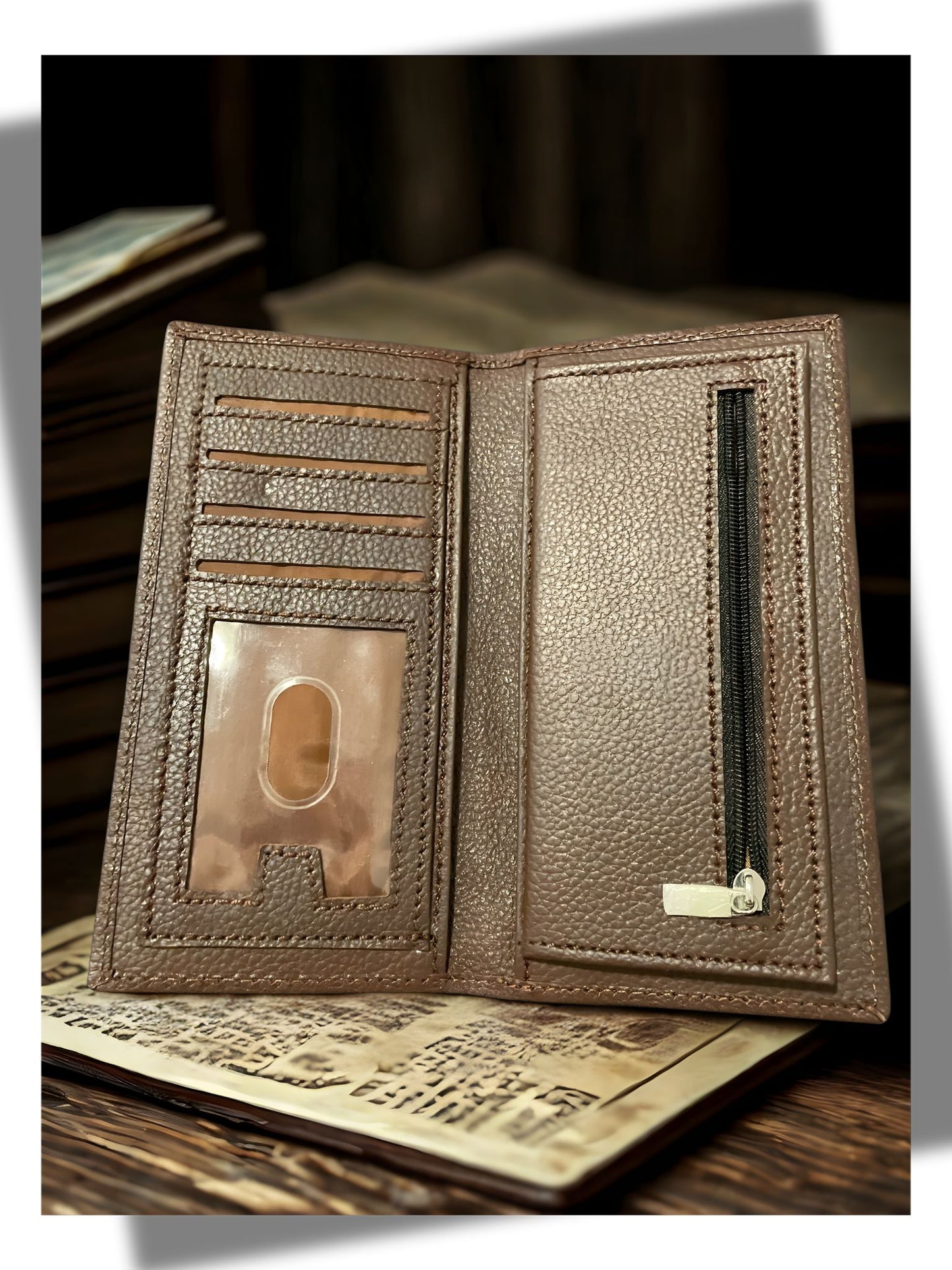 The Classic Choice: Men’s Genuine Leather Slim Bifold Long Wallet with Zipper Pocket - Multiple Card Holders.