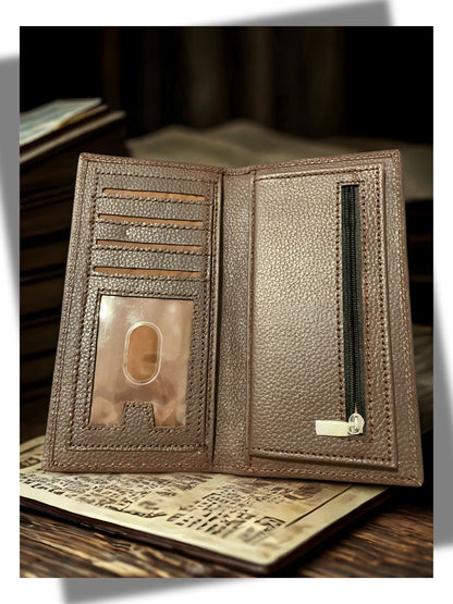 The Classic Choice: Men’s Genuine Leather Slim Bifold Long Wallet with Zipper Pocket - Multiple Card Holders.